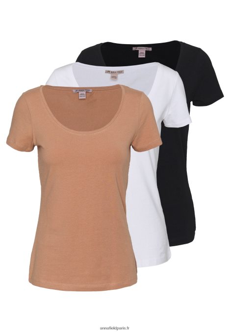 femmes Lot de 3 t-shirts basiques blanc/camel/noir 006BT380 Anna Field - Image 1