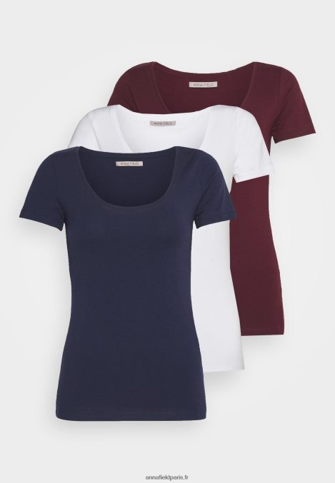 femmes Lot de 3 t-shirts basiques rouge foncé/bleu foncé/blanc 006BT330 Anna Field - Image 1