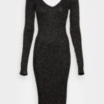 femmes lurex v-ausschnitt robe droite midi srickkleid noir 006BT197 Anna Field