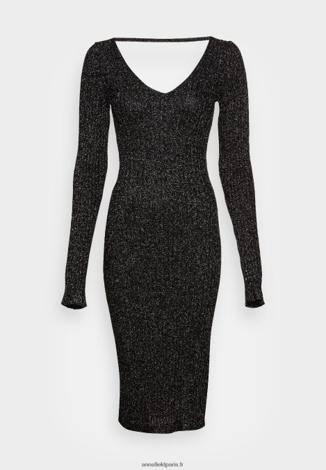 femmes lurex v-ausschnitt robe droite midi srickkleid noir 006BT197 Anna Field - Image 1
