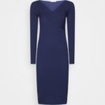 femmes v ausschnitt bodycon midi strickkleid robe droite bleu foncé 006BT214 Anna Field
