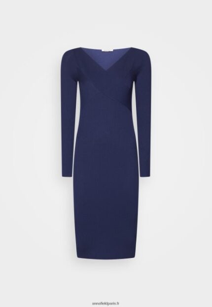femmes v ausschnitt bodycon midi strickkleid robe droite bleu foncé 006BT214 Anna Field