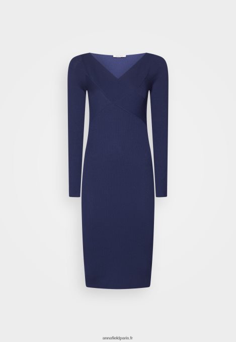 femmes v ausschnitt bodycon midi strickkleid robe droite bleu foncé 006BT214 Anna Field - Image 1